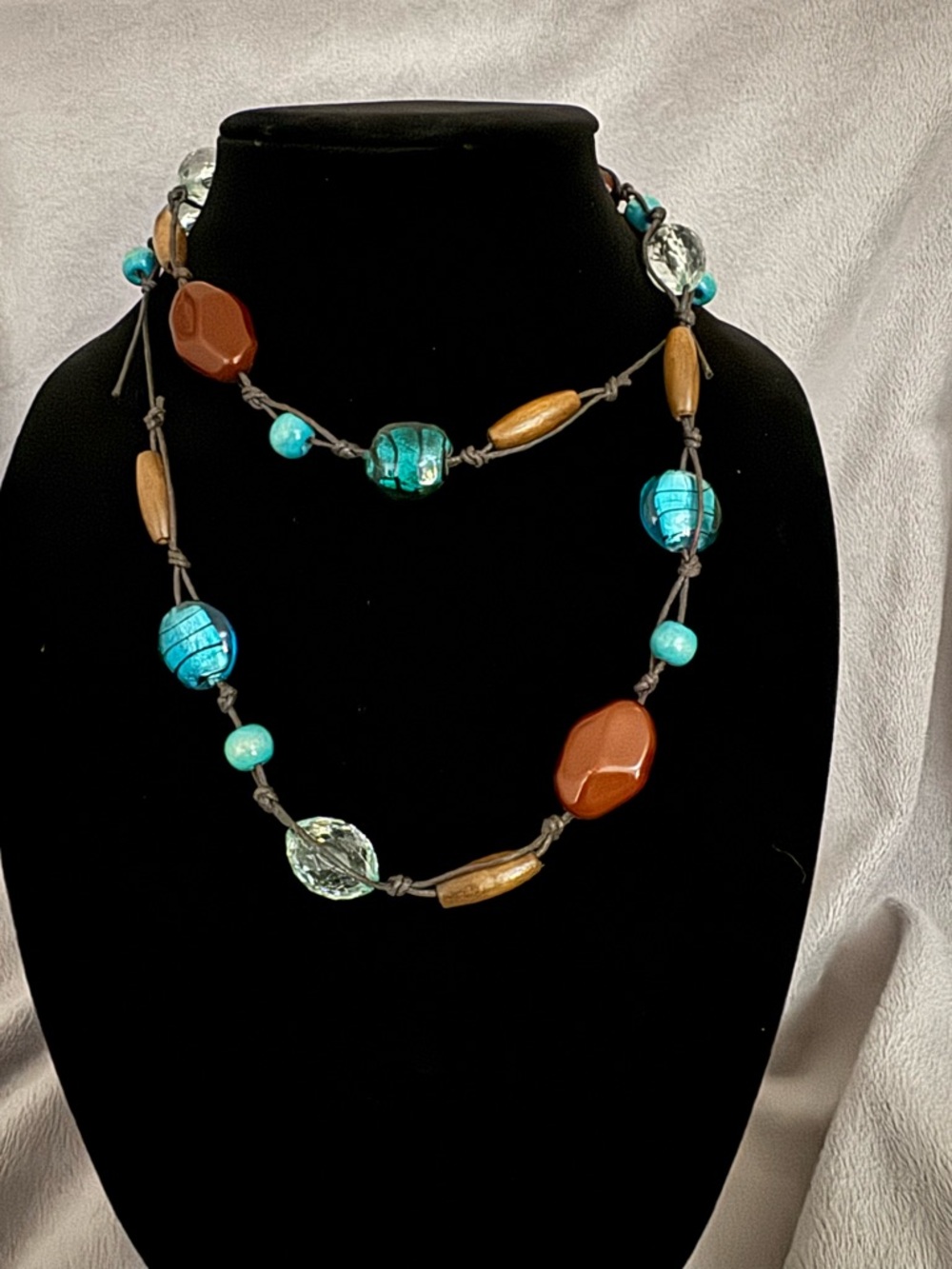 Corded Necklace Featuring Glass, Acrylic, Plastic and Wood Beads Approx 38” Long